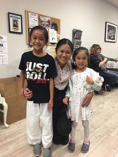 BJJ kids student Allison from Alhambra with her Mom and sister at Silanoe Martial Arts 