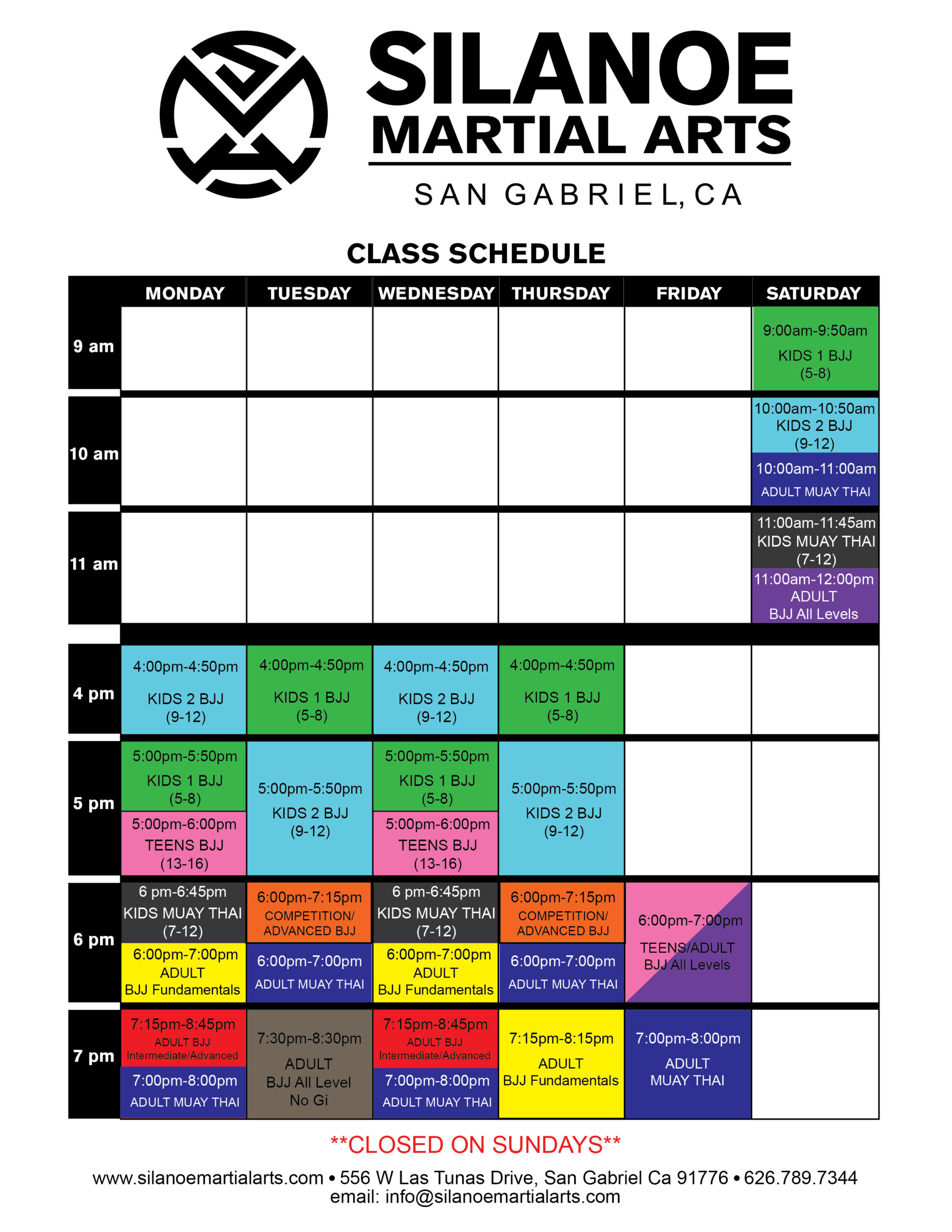 Silanoe Martial Arts Class Schedule Update Summer 2024 June Muay Thai and BJJ Classes for Kids and Adults