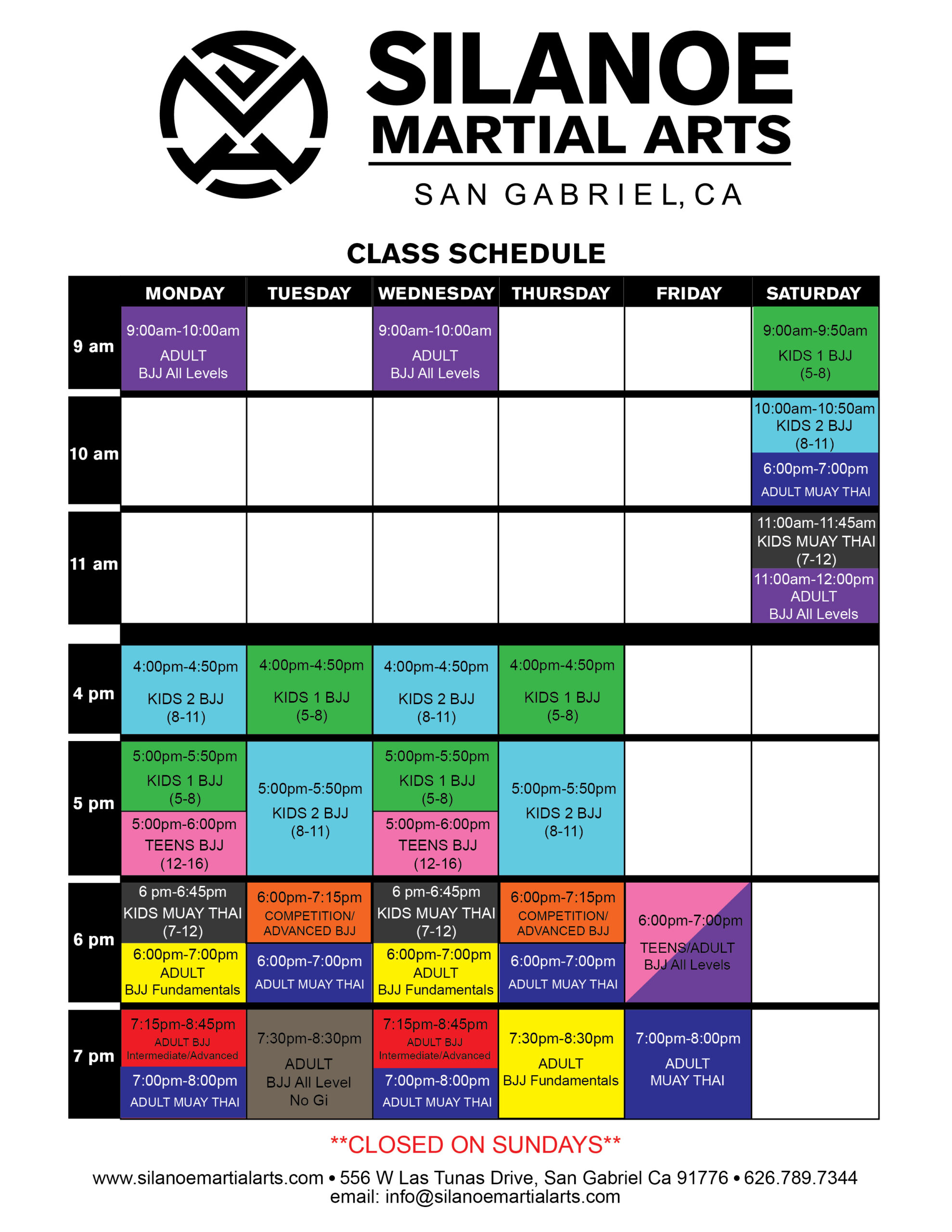 Silanoe Martial Arts Class Schedule Update Summer 2024 June Muay Thai and BJJ Classes for Kids and Adults